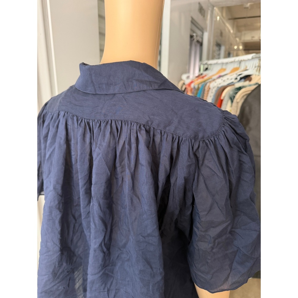 QUINCE Navy Blue Silk Cotton Blend Short Sleeve Button Up Blouse Top Small - Picture 6 of 8